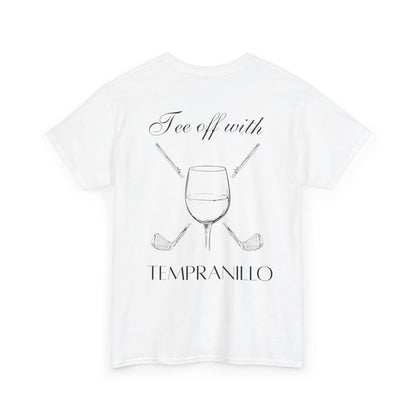 Tee Off golf and wine crossover design printed on a classic tee