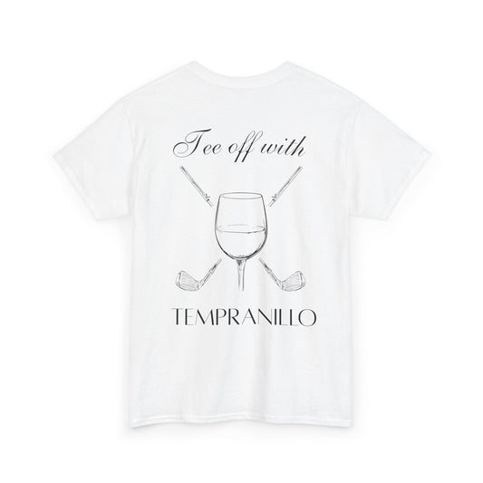Tee Off golf and wine crossover design printed on a classic tee