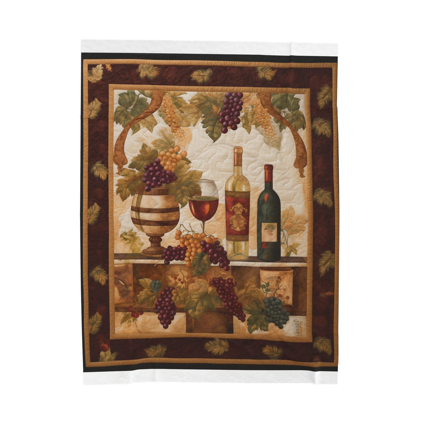Quilted Vines plush blanket in the larger size, hung flat to show the full grape and wine print