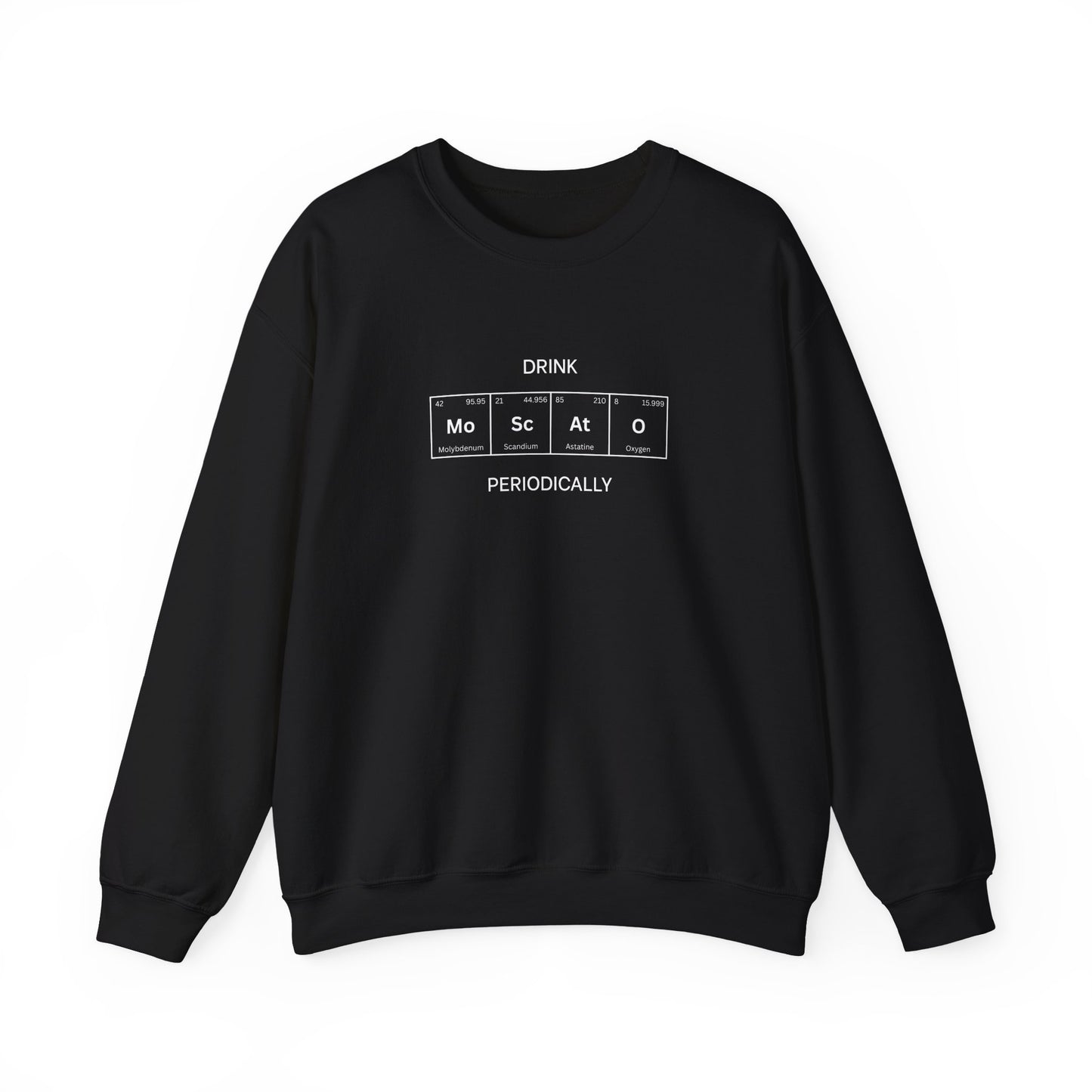 Moscato spelled in periodic table elements on a crewneck sweatshirt