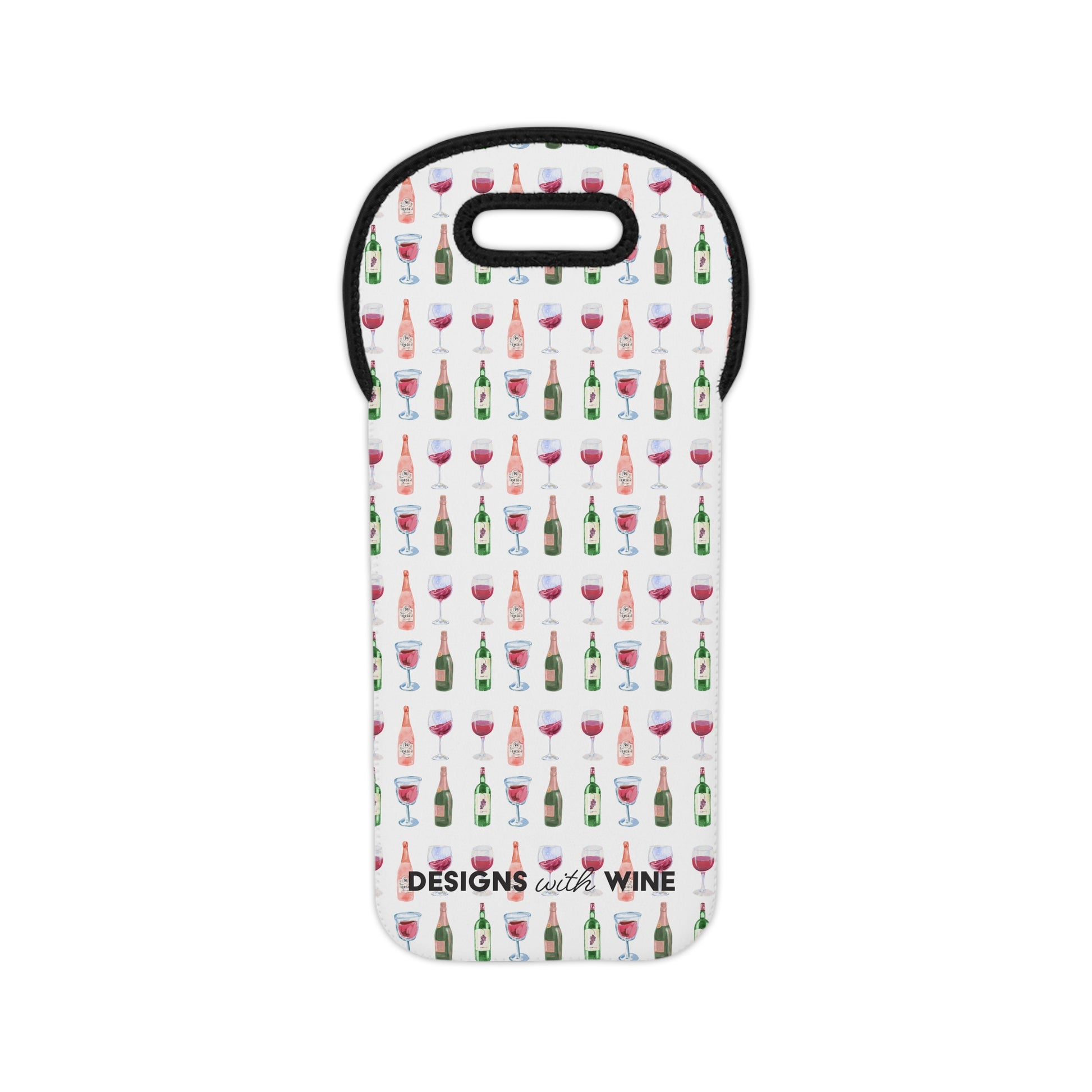 Designs With Wine neoprene bottle sleeve tote with all-over wine print