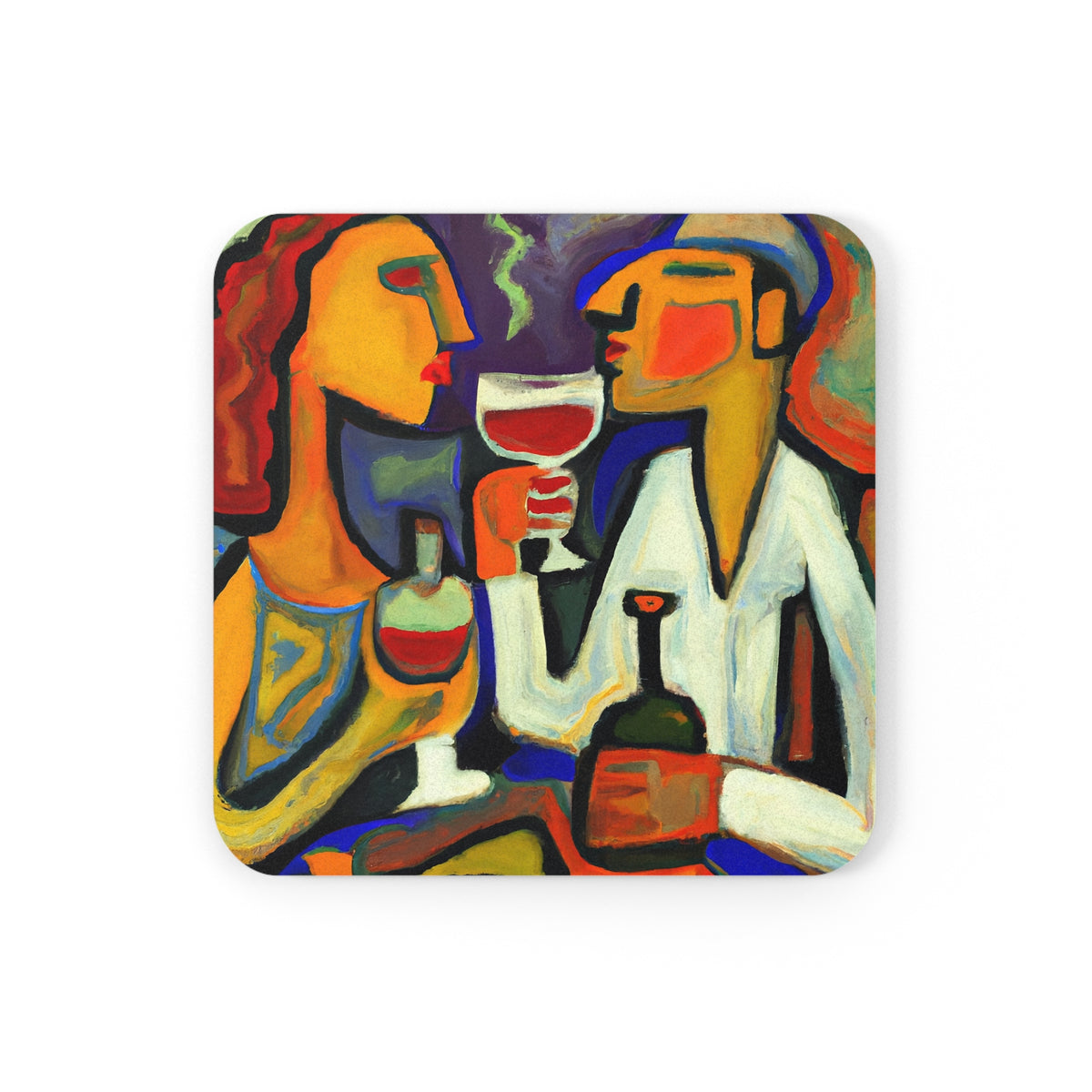 Wine Date cork-back coaster — original expressionist couple-with-wine painting, front view