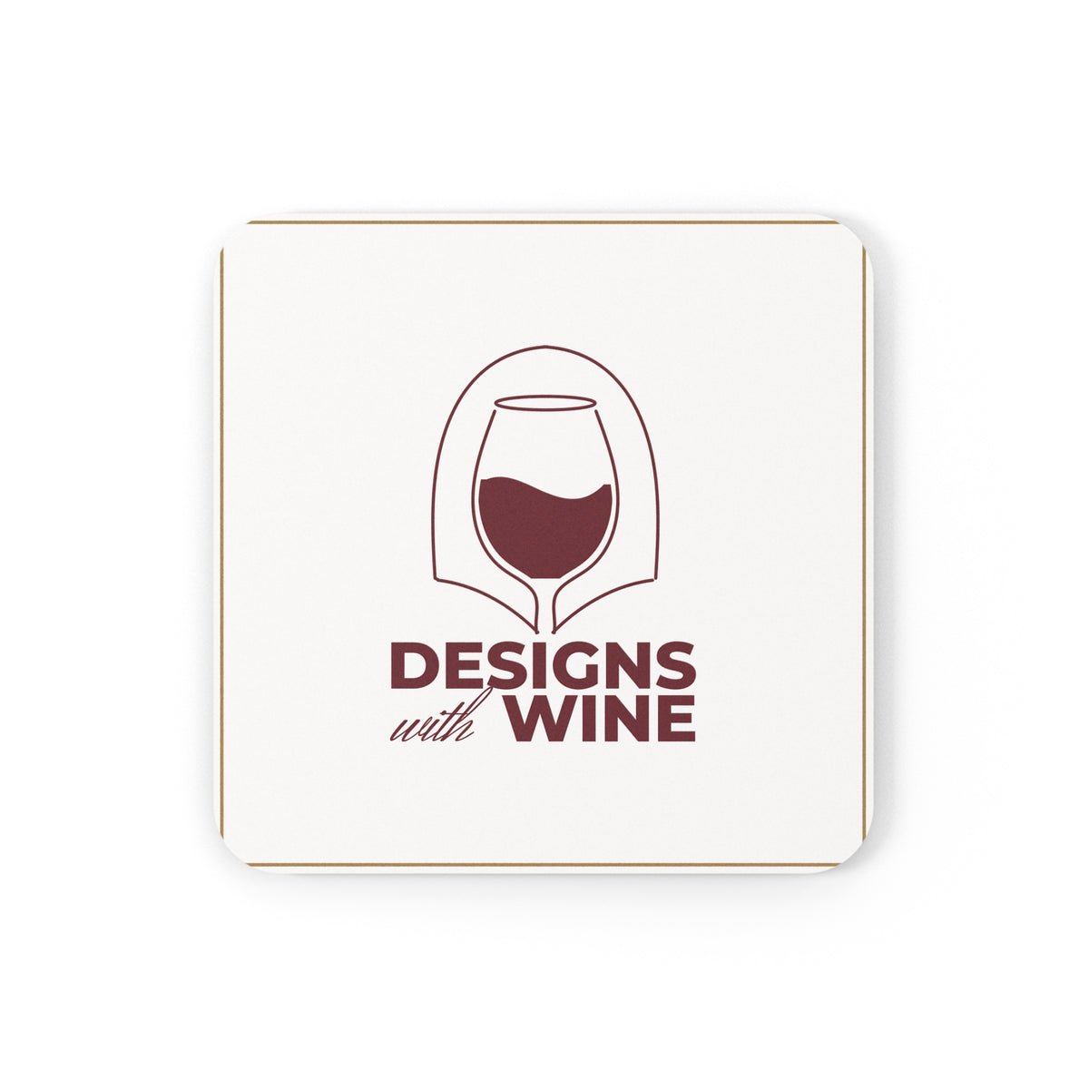 Designs With Wine logo cork-back coaster — arch logo in wine red on cream with a gold frame, front view