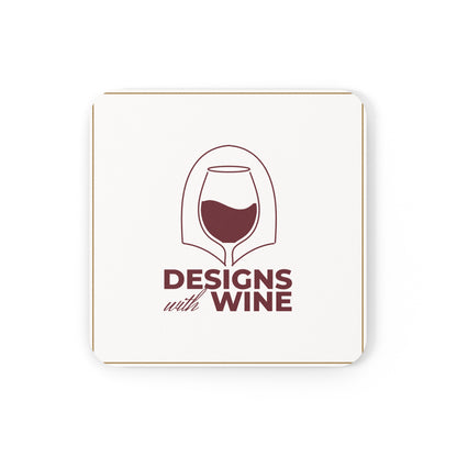Designs With Wine logo cork-back coaster — arch logo in wine red on cream with a gold frame, front view