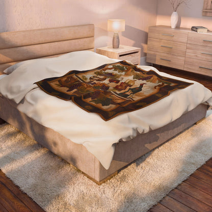 Quilted Vines plush blanket folded at the foot of a bed in a styled bedroom with lamp and dresser