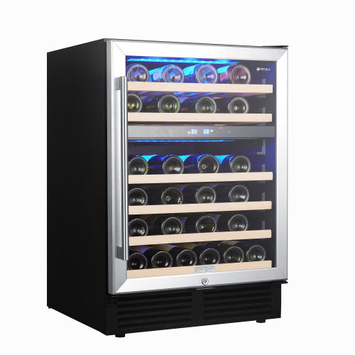 Black dual zone wine refrigerator with wooden shelves and blue LED lighting