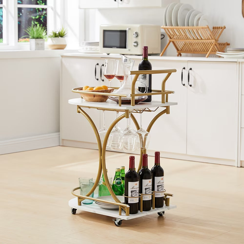 2-Tier Gold Bar Cart with Wine Rack & Glass Holder