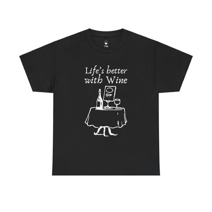 Life's Better with Wine serif lettering above a bistro table illustration on a premium tee
