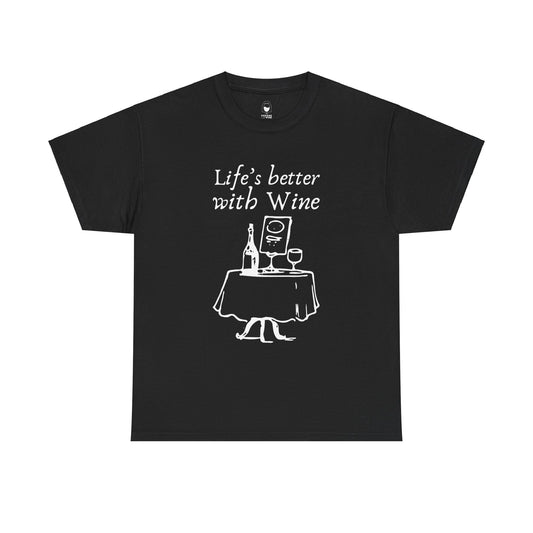 Life's Better with Wine serif lettering above a bistro table illustration on a premium tee