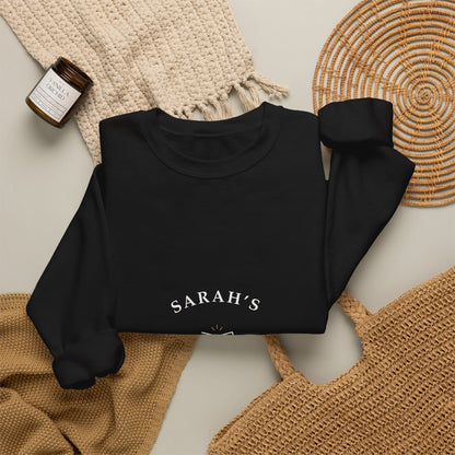 Black personalized crewneck styled flat with wine-themed props