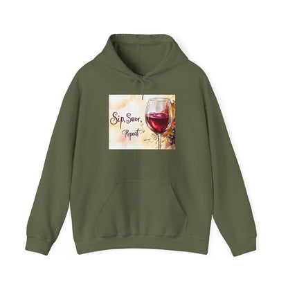 Sip Savor Repeat design on a heavy blend hoodie