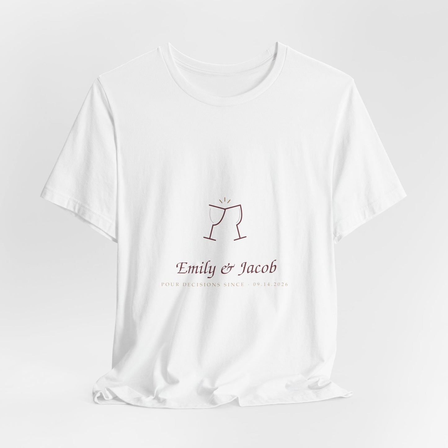 Angled front view of the white personalized couple tee showing the fit and fabric texture