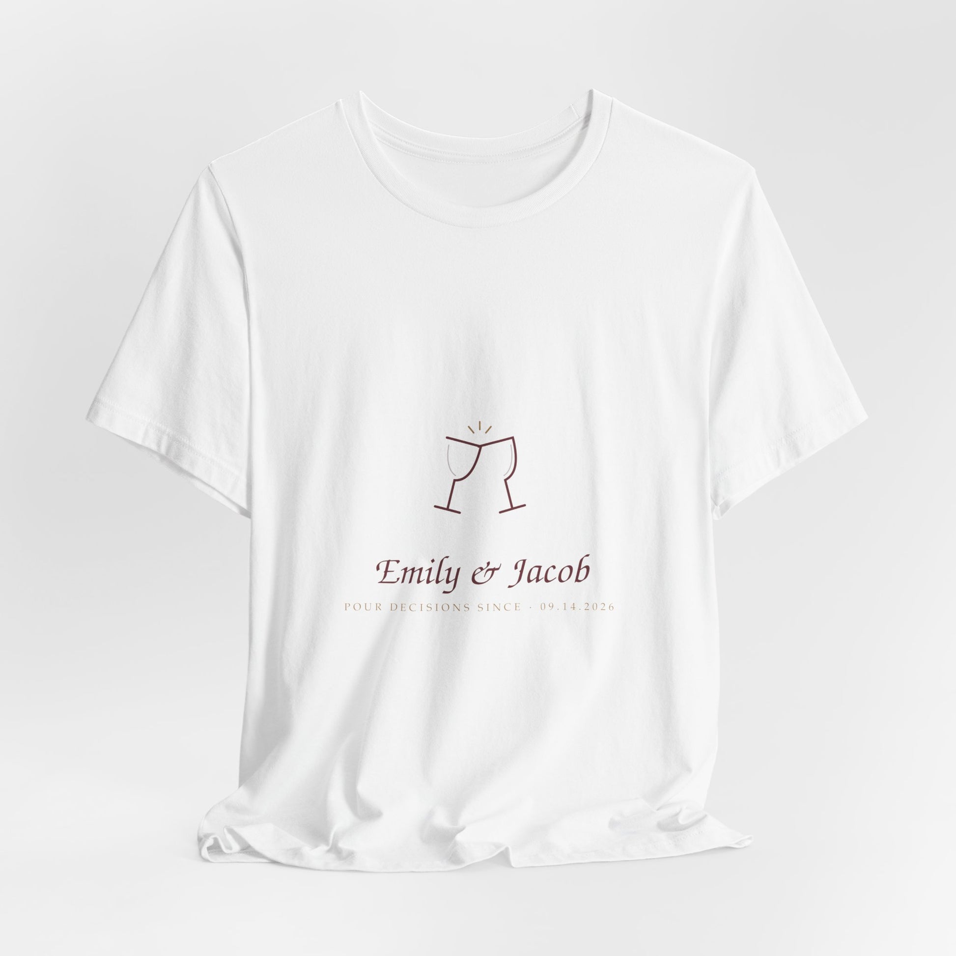 Angled front view of the white personalized couple tee showing the fit and fabric texture