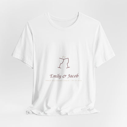 Angled front view of the white personalized couple tee showing the fit and fabric texture