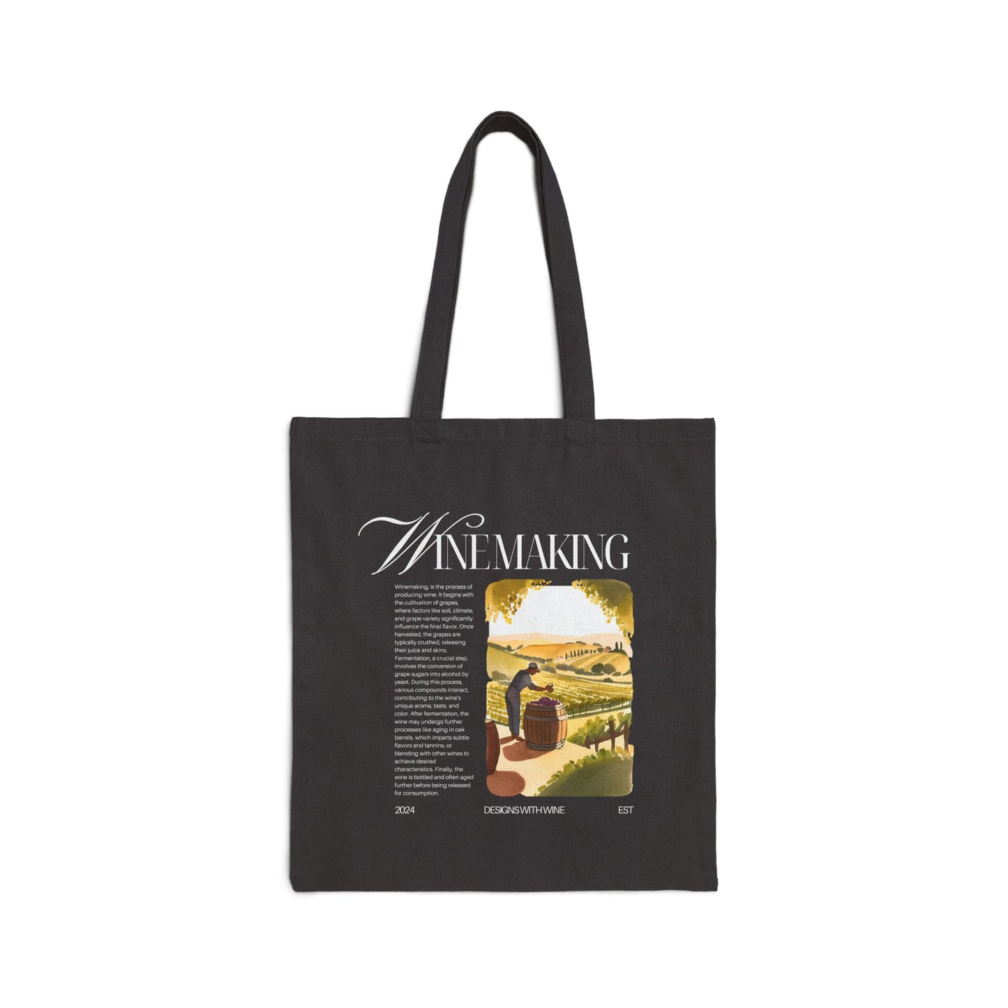 Winemaking vintage editorial print on a black cotton canvas tote bag
