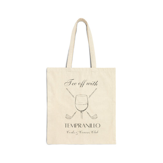 Wine and golf crossover design printed on a natural canvas tote bag