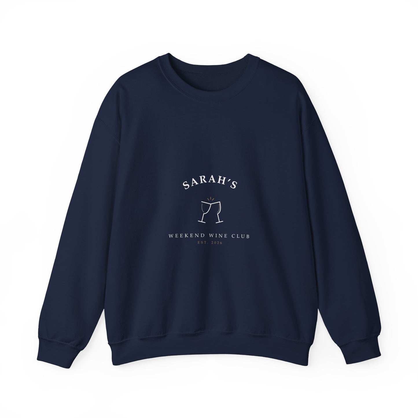 Navy crewneck sweatshirt printed with cream hand-lettered Weekend Wine Club artwork personalized with a name and year
