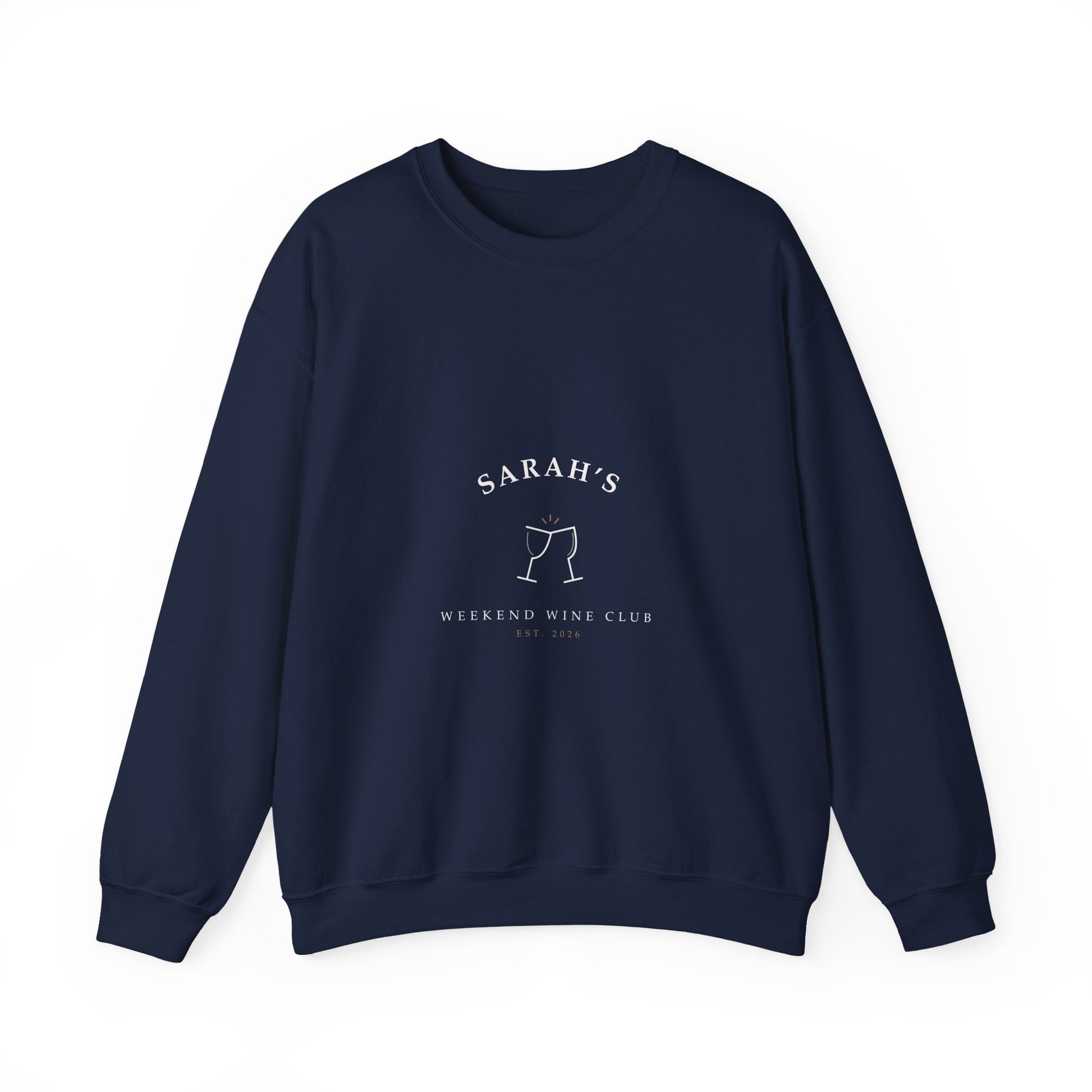 Navy crewneck sweatshirt printed with cream hand-lettered Weekend Wine Club artwork personalized with a name and year