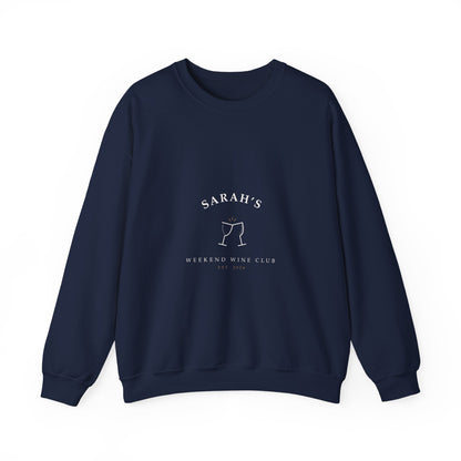 Navy crewneck sweatshirt printed with cream hand-lettered Weekend Wine Club artwork personalized with a name and year