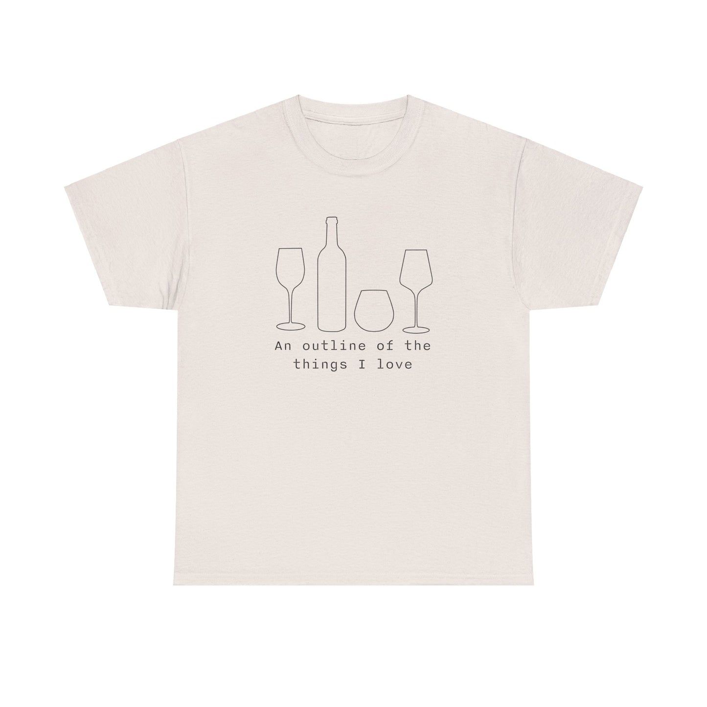 Minimal line art of wine bottle and glasses with Things I Love caption on a tee