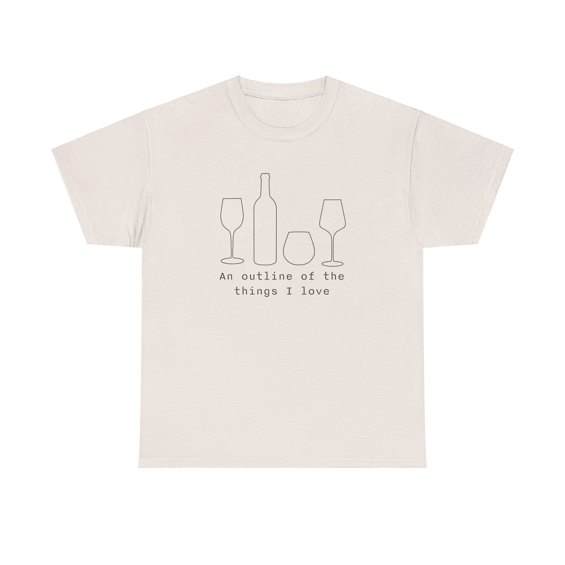 Minimal line art of wine bottle and glasses with Things I Love caption on a tee
