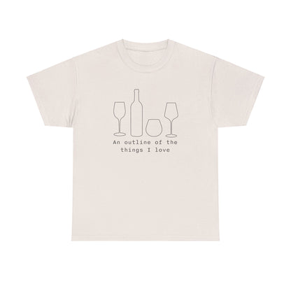 Minimal line art of wine bottle and glasses with Things I Love caption on a tee