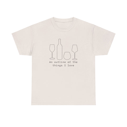 Minimal line art of wine bottle and glasses with Things I Love caption on a tee