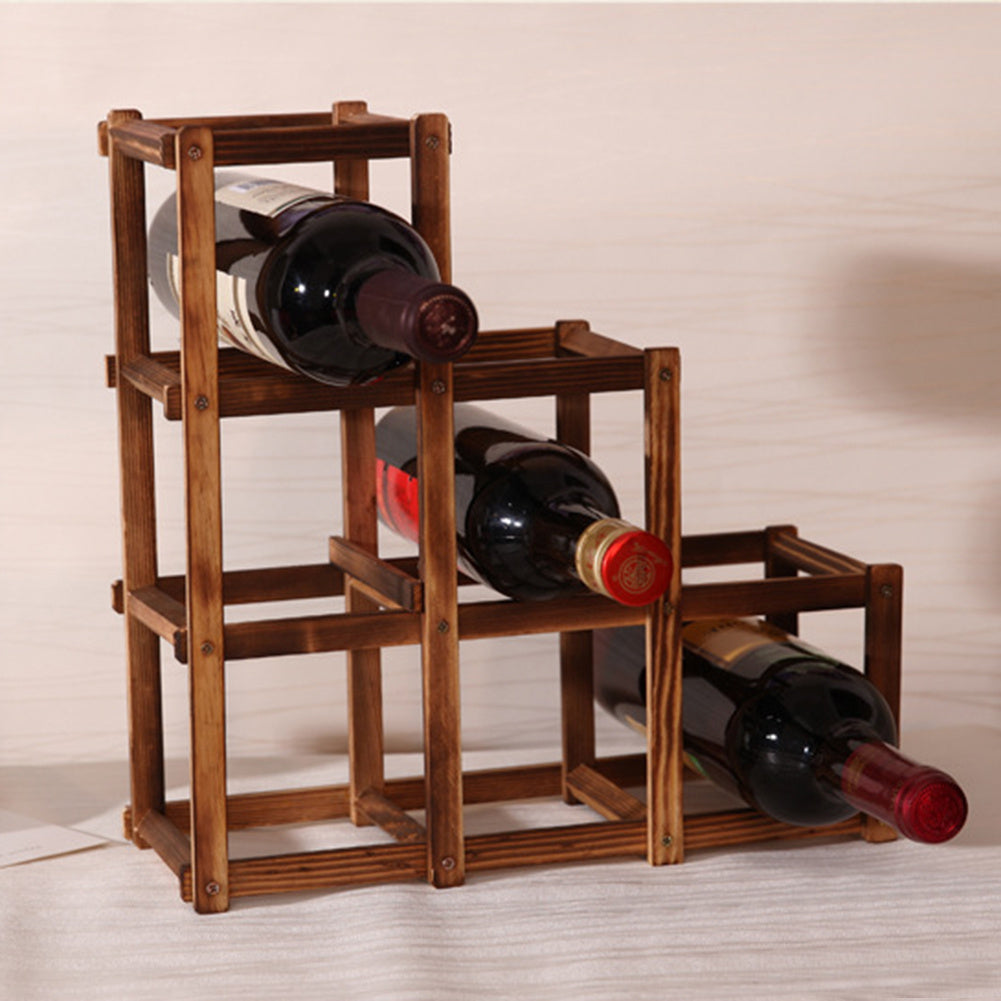 Carbonized solid wood folding wine rack holding six bottles