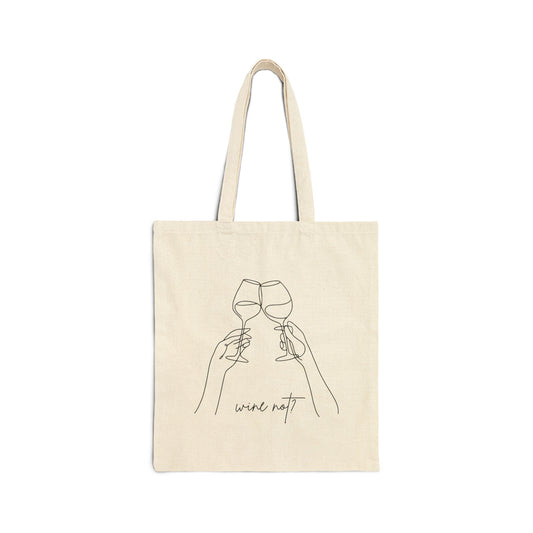 Single-line drawing of two hands clinking wine glasses with wine not? script on a canvas tote