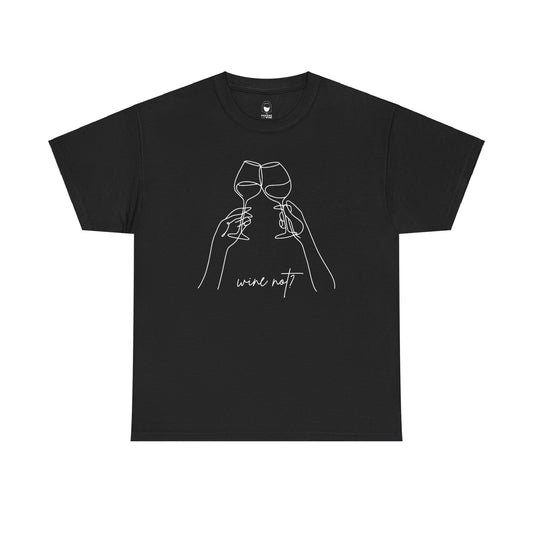 Wine Not? in white script lettering on a classic black t-shirt