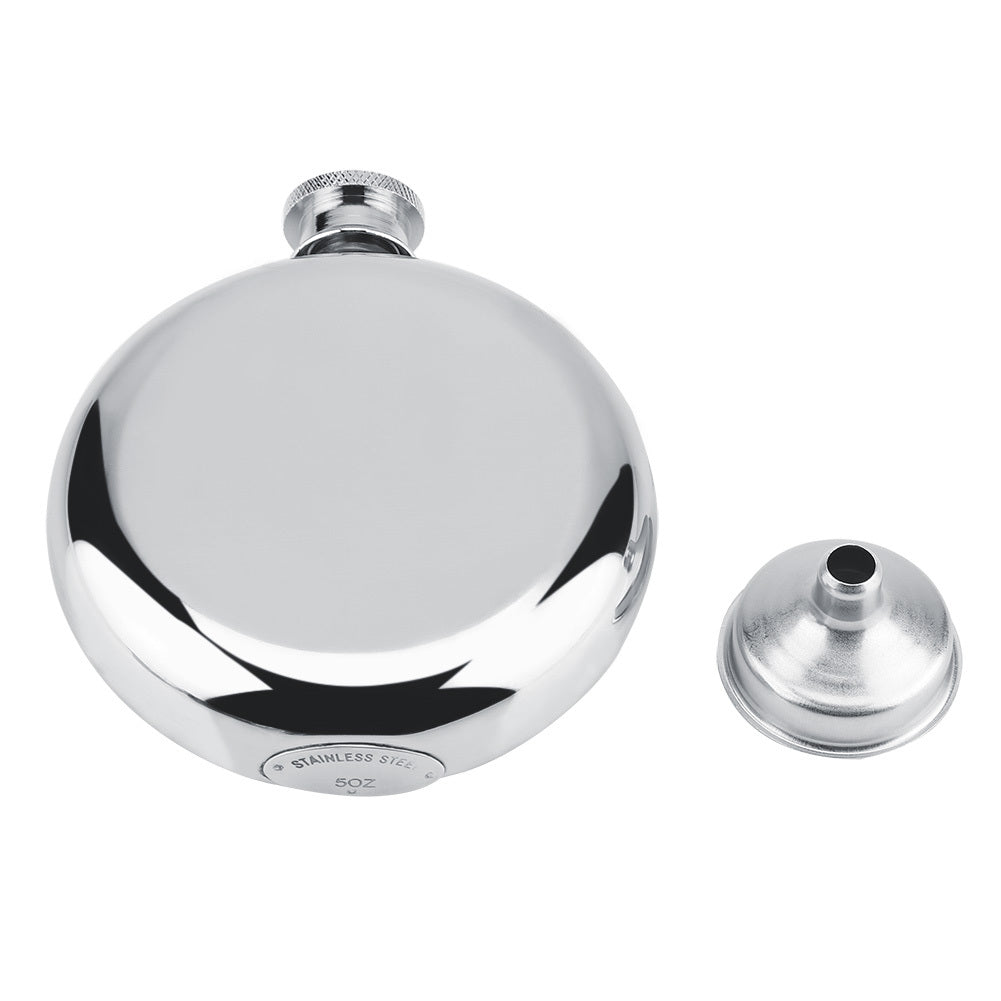 Round 5oz stainless steel wine flask, palm-sized with screw cap
