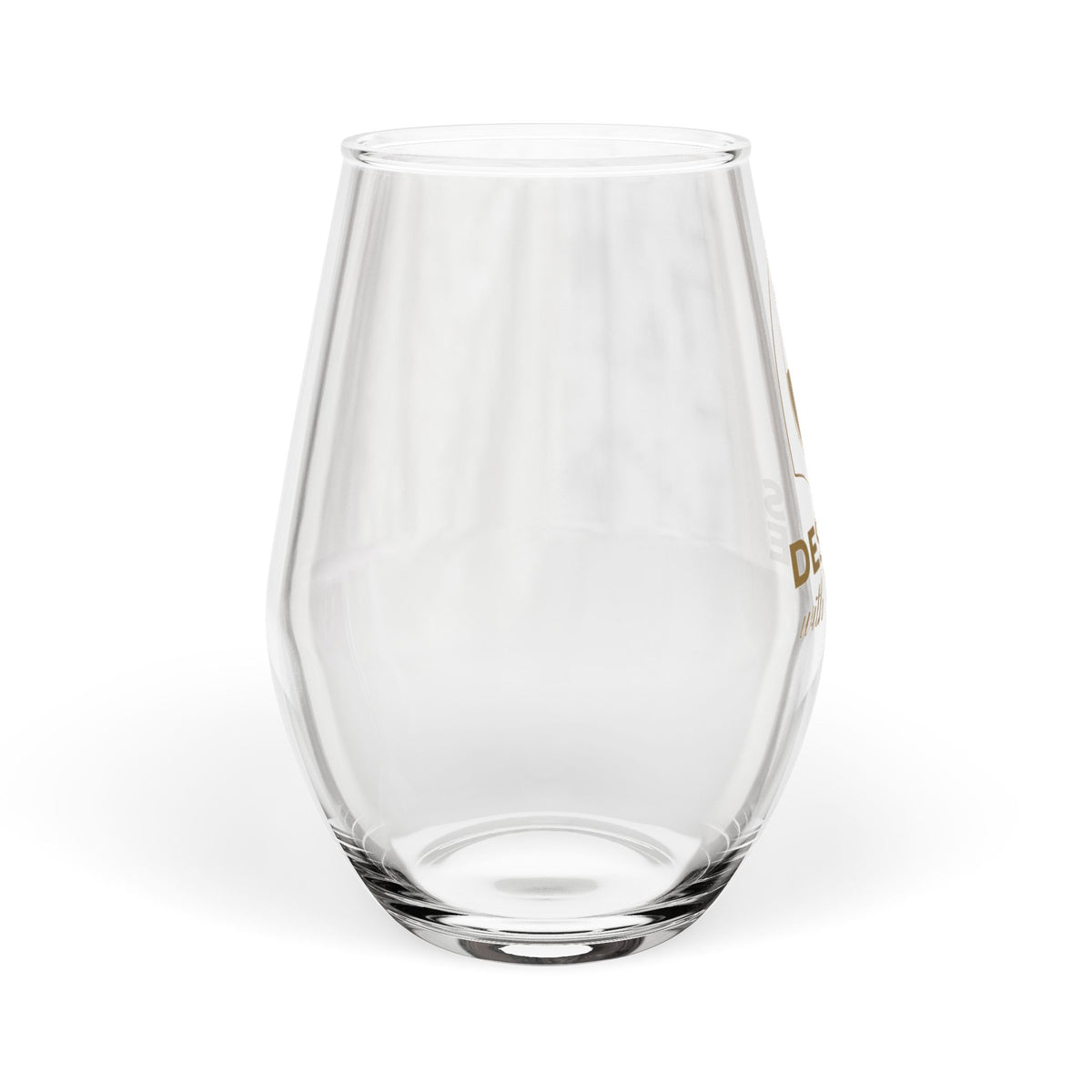 Designs With Wine stemless wine glass, White Wine Lover edition — angled view
