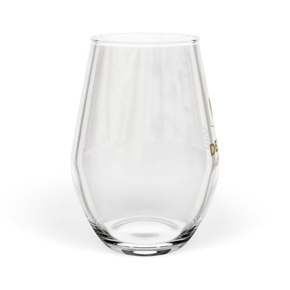 Designs With Wine stemless wine glass, White Wine Lover edition — angled view