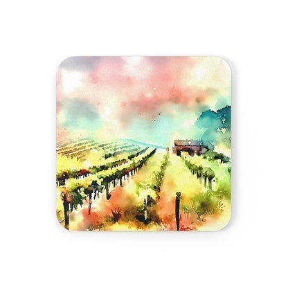 Watercolor Vineyards cork-back coaster — original watercolor vineyard painting, front view