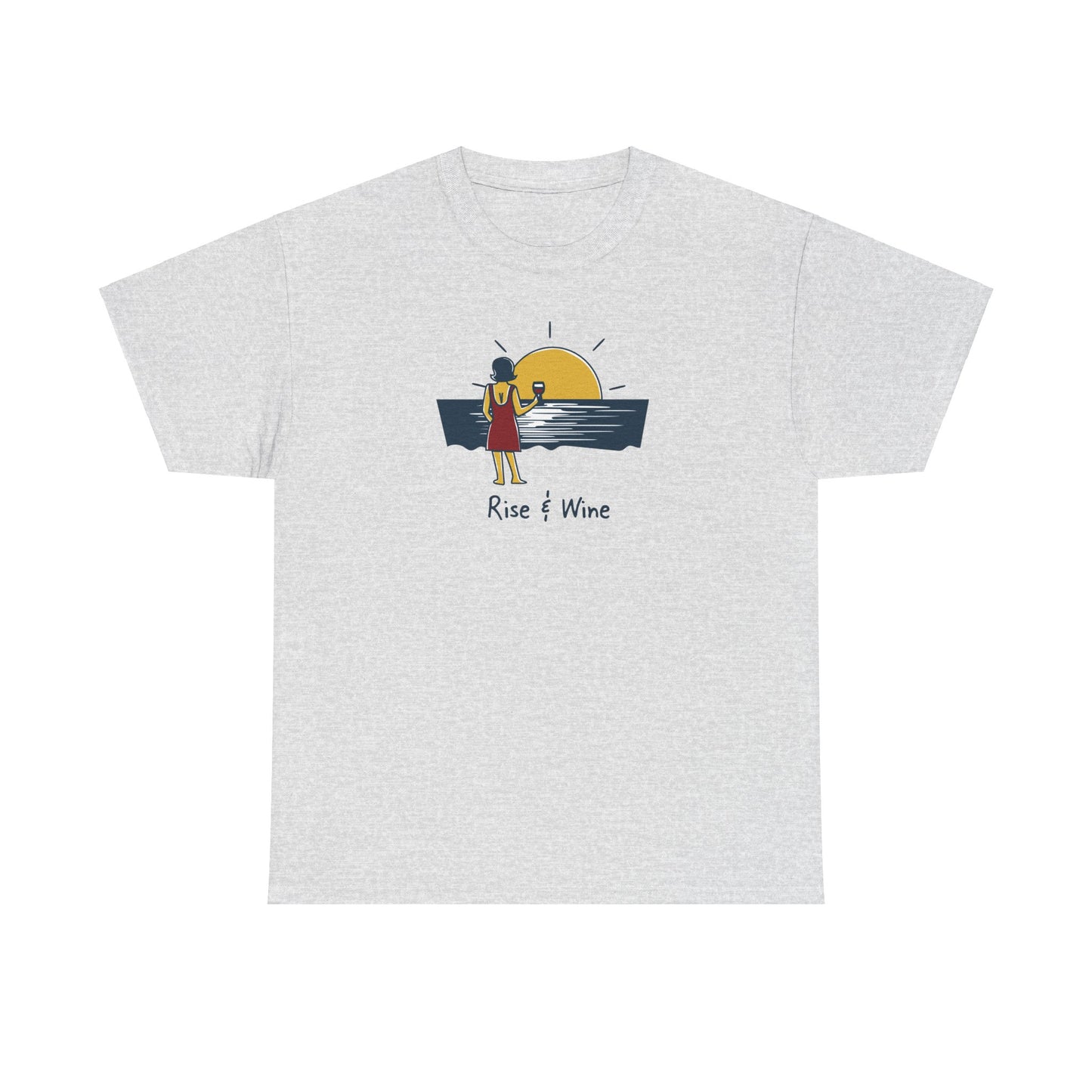 Rise & Wine hand-drawn sun and wine glass doodle printed on a tee