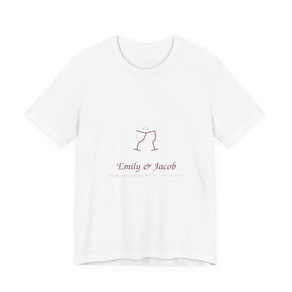 White unisex cotton tee printed with wine-colored hand-lettered artwork reading Pour Decisions Since with a couple's names and date