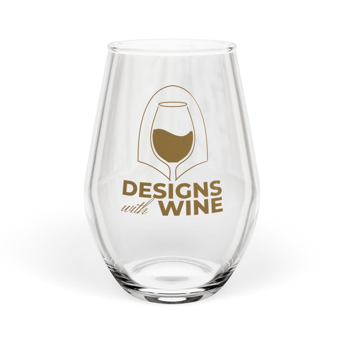 Designs With Wine stemless wine glass, White Wine Lover edition — arch logo in gold, front view