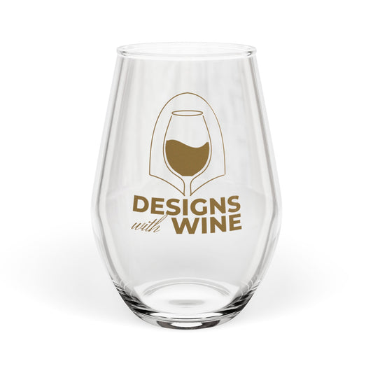 Designs With Wine stemless wine glass, White Wine Lover edition — arch logo in gold, front view