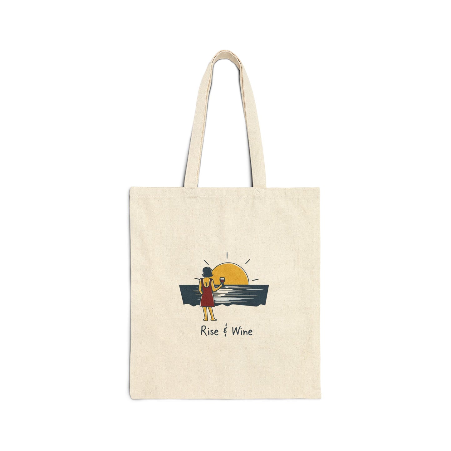 Sunset wine artwork in warm tones printed on a natural canvas tote bag