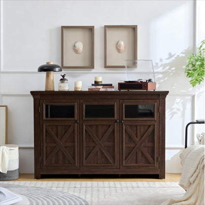 Espresso farmhouse buffet cabinet with three glass barn-style doors