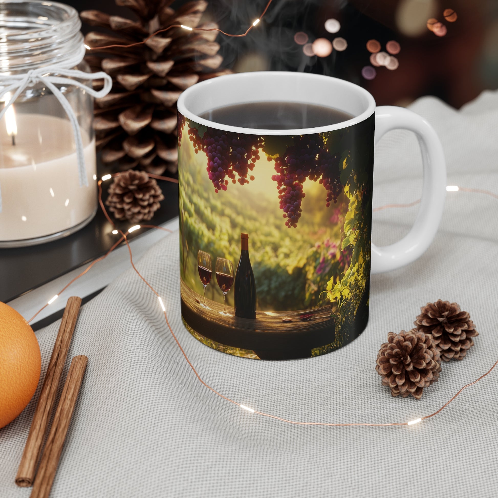 Golden-hour vineyard picnic scene with grape clusters, a bottle, and two glasses printed on an 11oz ceramic mug