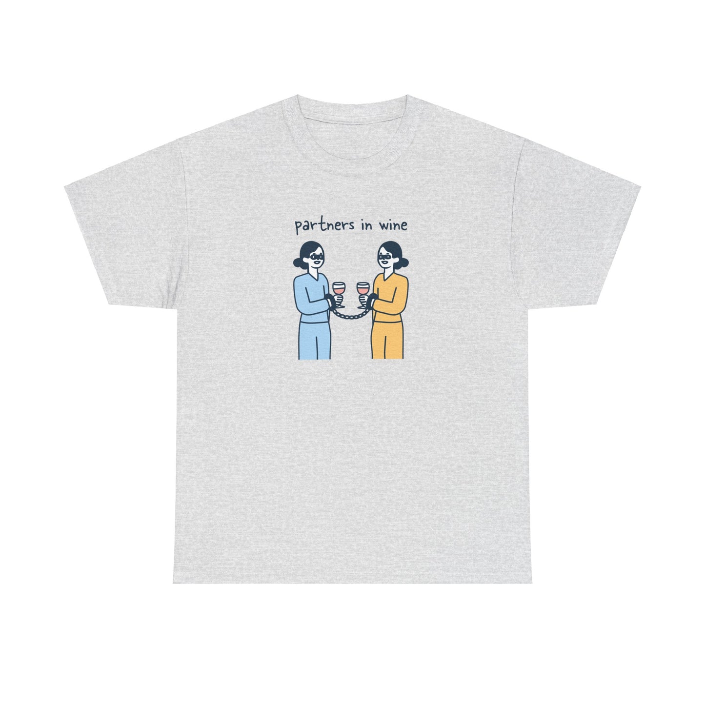 Partners in Wine hand-drawn doodle design with clinking glasses on a tee