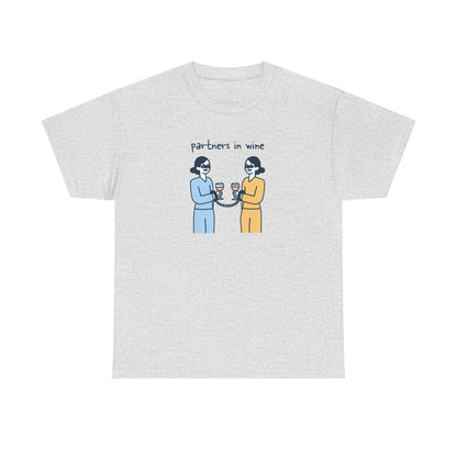 Partners in Wine hand-drawn doodle design with clinking glasses on a tee