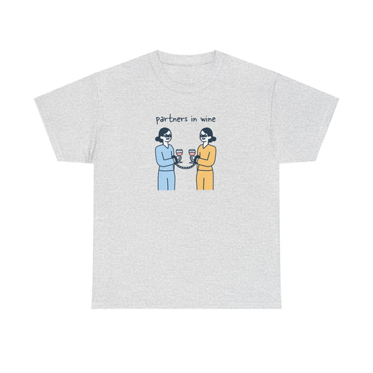 Partners in Wine hand-drawn doodle design with clinking glasses on a tee