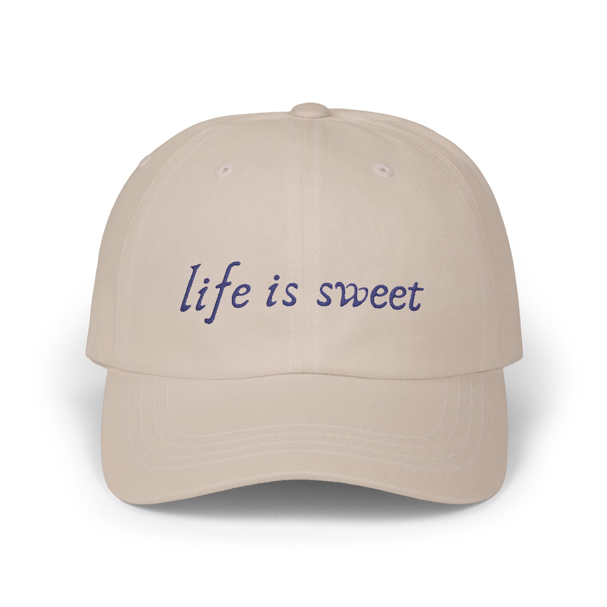 Life is Sweet navy script on a stone cotton classic cap