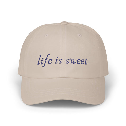 Life is Sweet navy script on a stone cotton classic cap