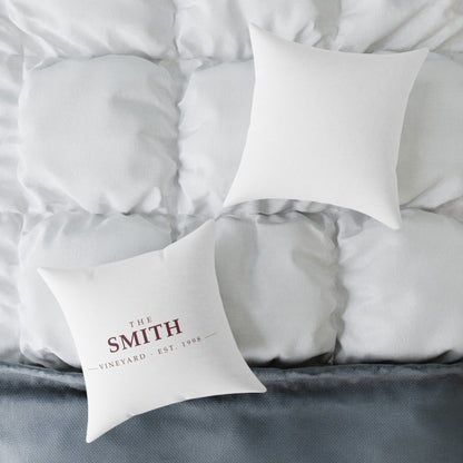 The [Your Name] Vineyard personalized throw pillow with a custom family name — lifestyle 3