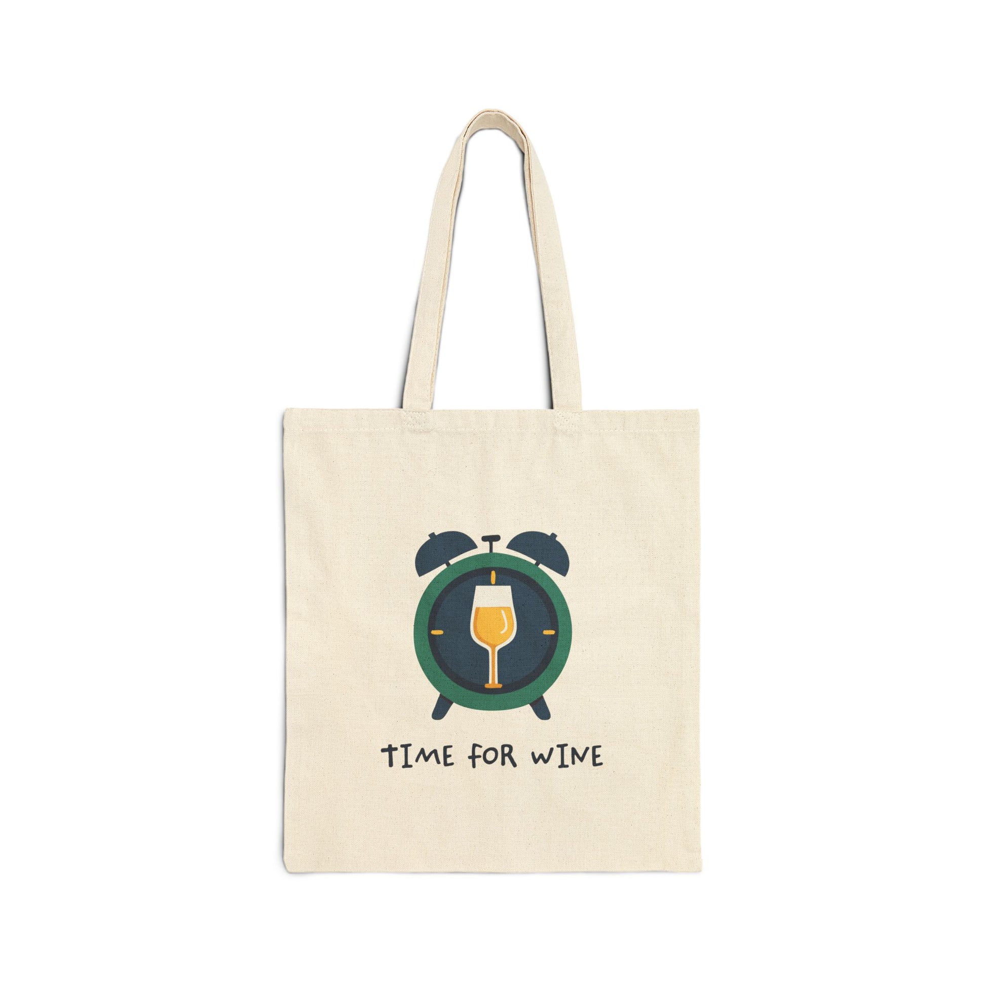 Time for Wine alarm clock design printed on a natural canvas tote bag
