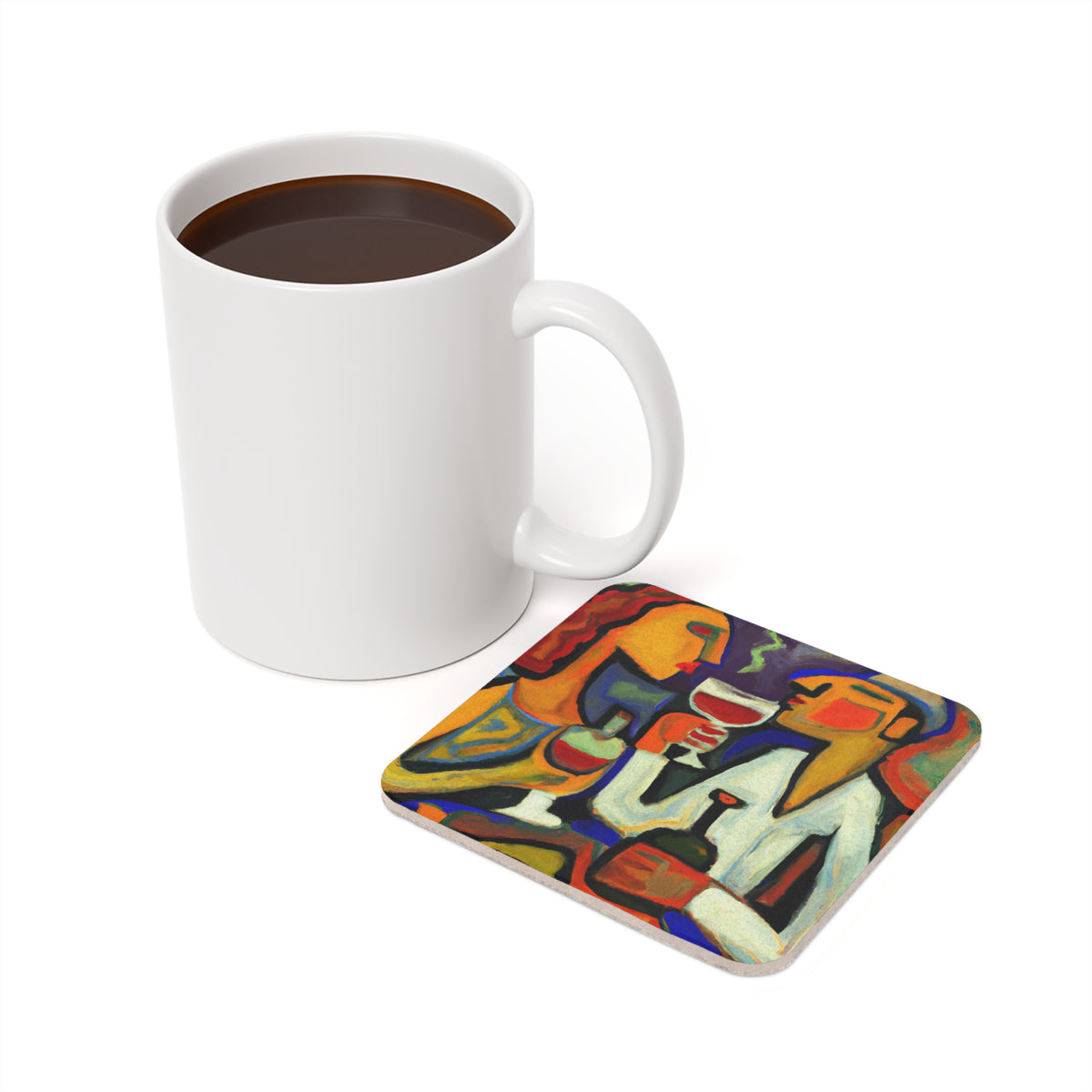 Wine Date cork-back coaster — on a table with a mug