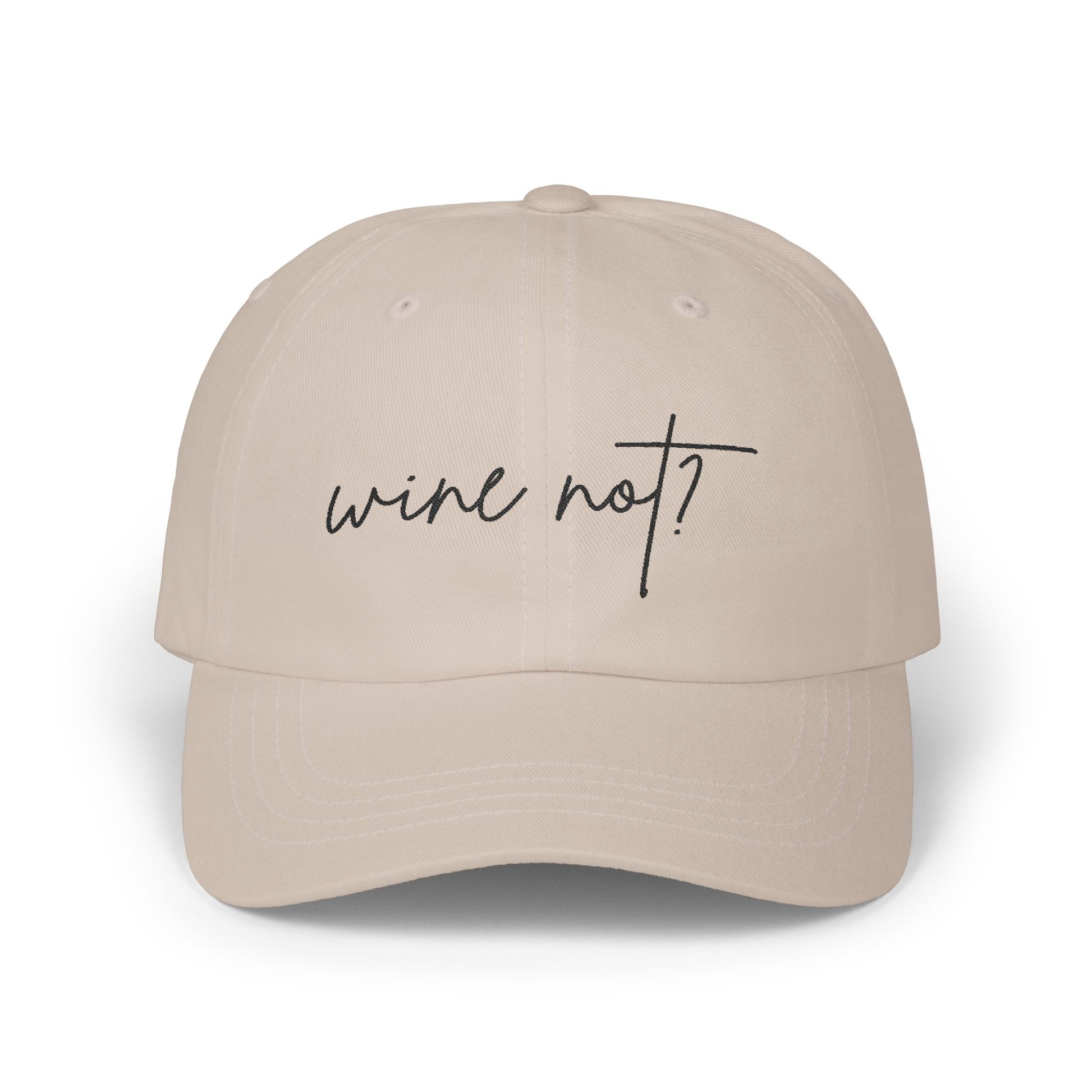 Wine Not? script design on a stone cotton classic cap